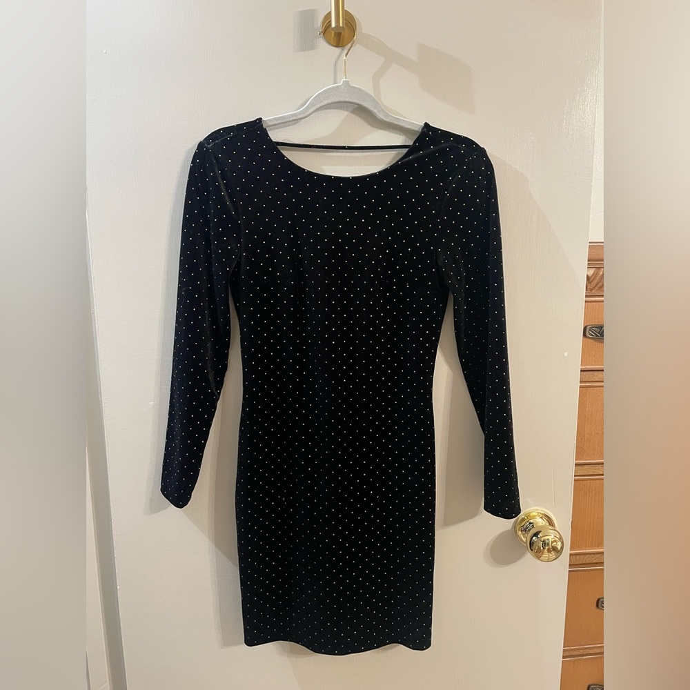 Express Black Velvet Polka Dot Open Back Dress